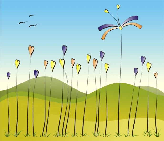 a drawing of flowers and a kite flying