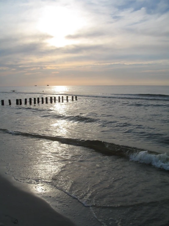 a number of piers sticking out of the water on the beach