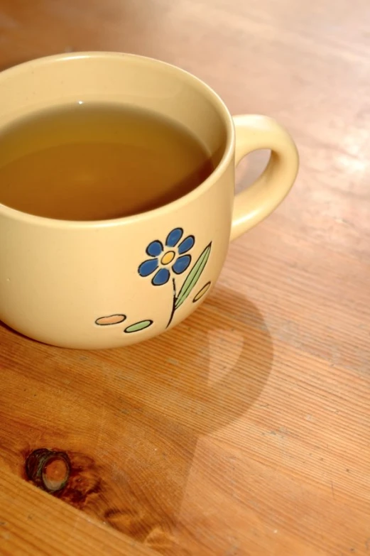 a cup of coffee with a spoon on a wooden table