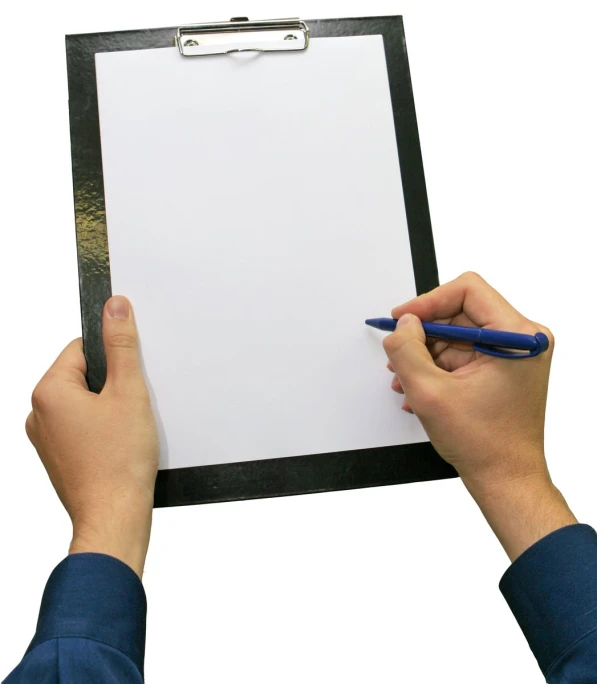 person writing on clipboard with clip and pen