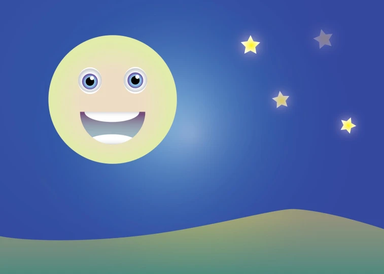 a cartoon moon smiling under the stars on a night sky