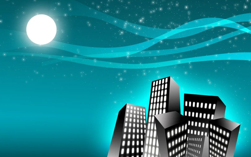 an illustration of a city skyline with skyscrs against a night sky with stars and moon
