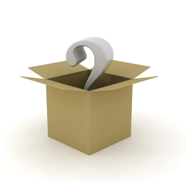 a white question mark on top of an open box