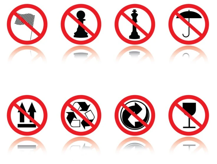 a set of red signs on white background including no chess, no playing, no standing game