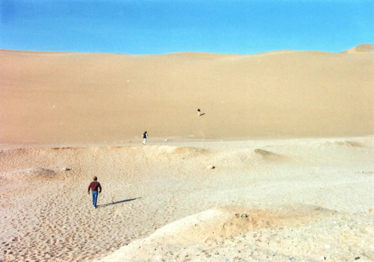 people on a desert, some flying kites and one walking on the sand