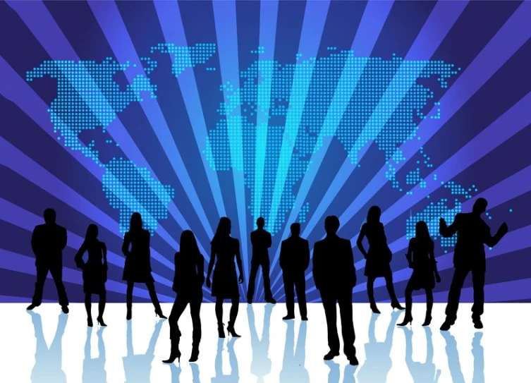 an abstract world map background with people silhouettes