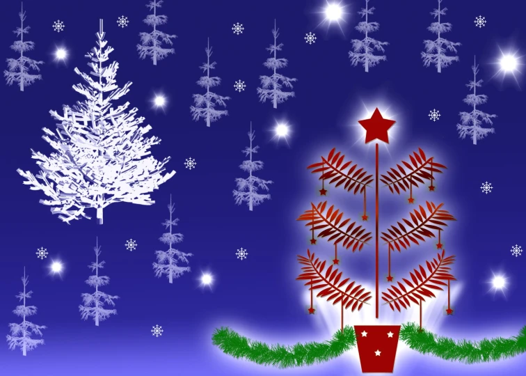 a christmas tree next to a white snow covered christmas tree