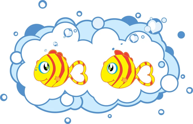 two yellow fish in the air with bubbles