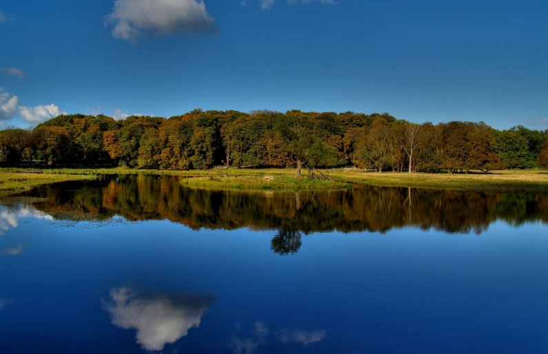 blue sky reflected in the still waters of a lake