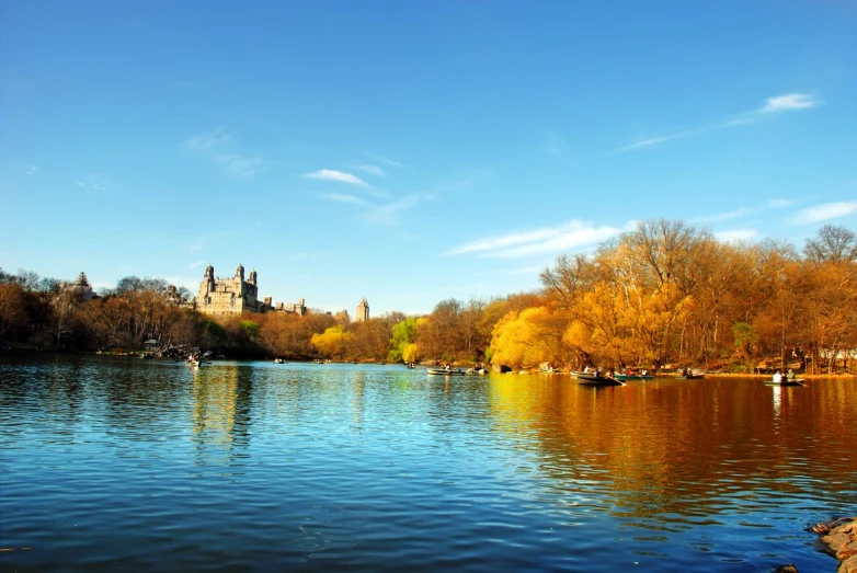 the lake looks pretty in autumn with trees in the foreground