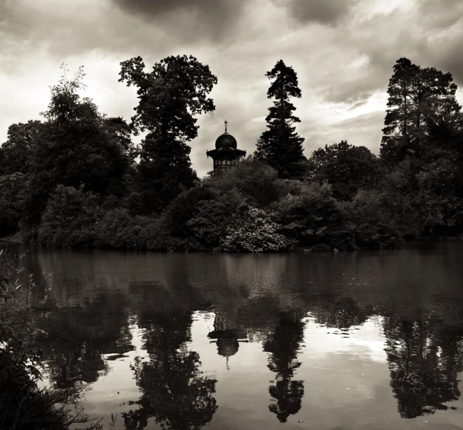 a pond with a clock tower in the distance surrounded by trees