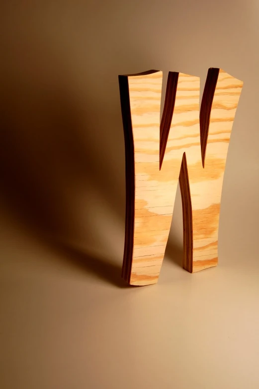 a wood letter carved out of wood that has the word w carved into it