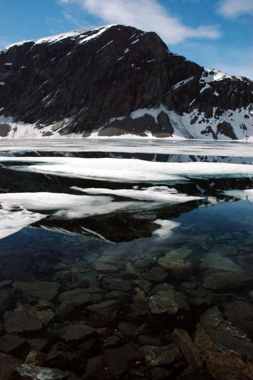 the mountain is covered with snow and has an almost frozen lake