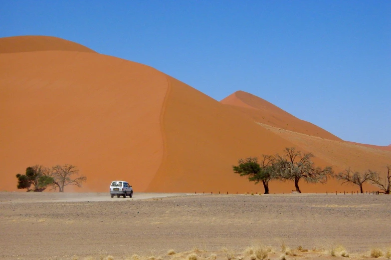 truck driving in desert area with trees and sand dunes