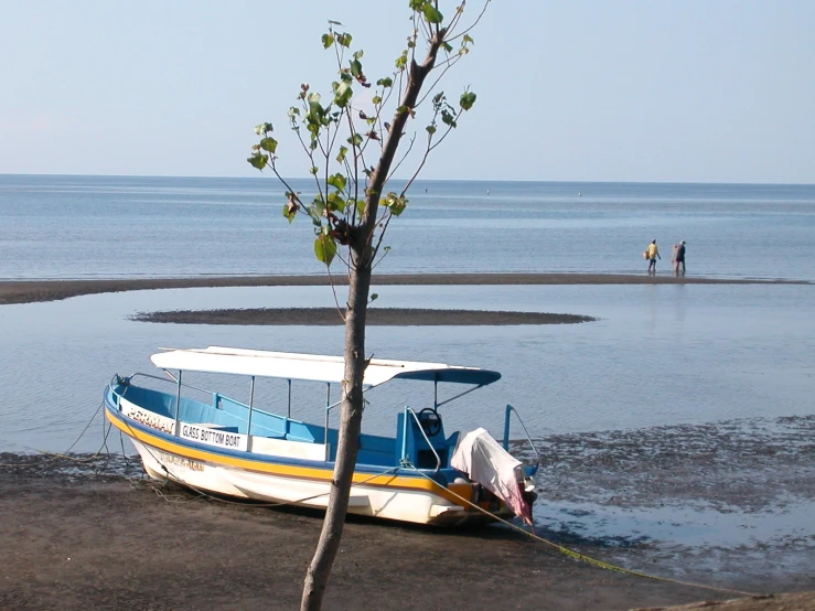 a boat sits on a beach with two people on the water