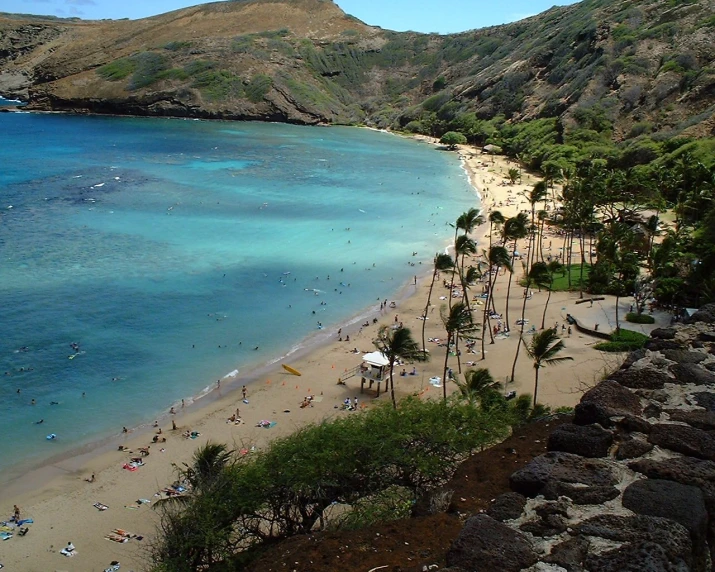 a beach with a sandy shoreline and many people