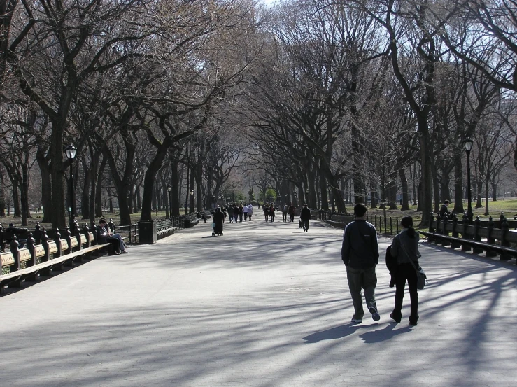 a man and a woman are walking down the path in the park
