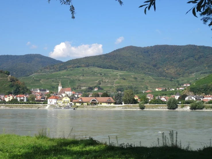 a village sits on the shore of the river