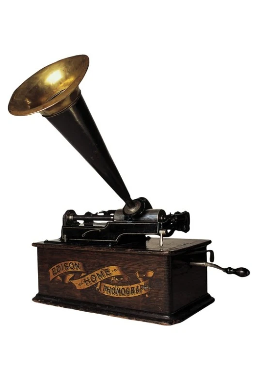 a record player with a black horn and ss horn