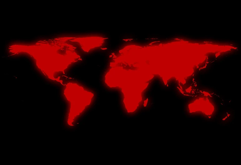 the red and black map shows the world