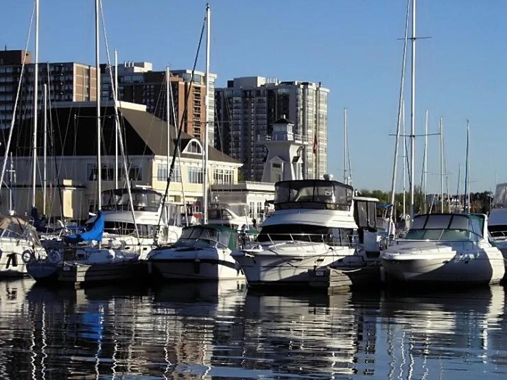 a few boats are docked along the waterfront