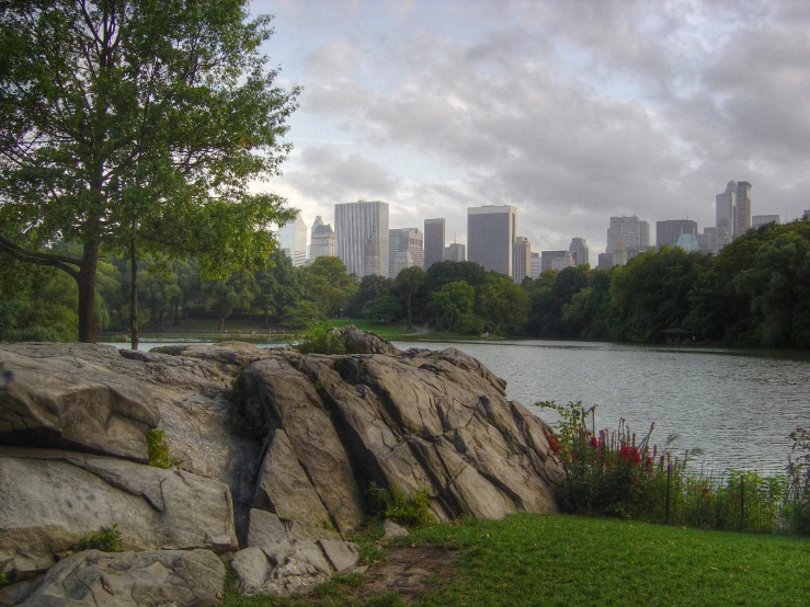 an image of a city park setting with a view of the river