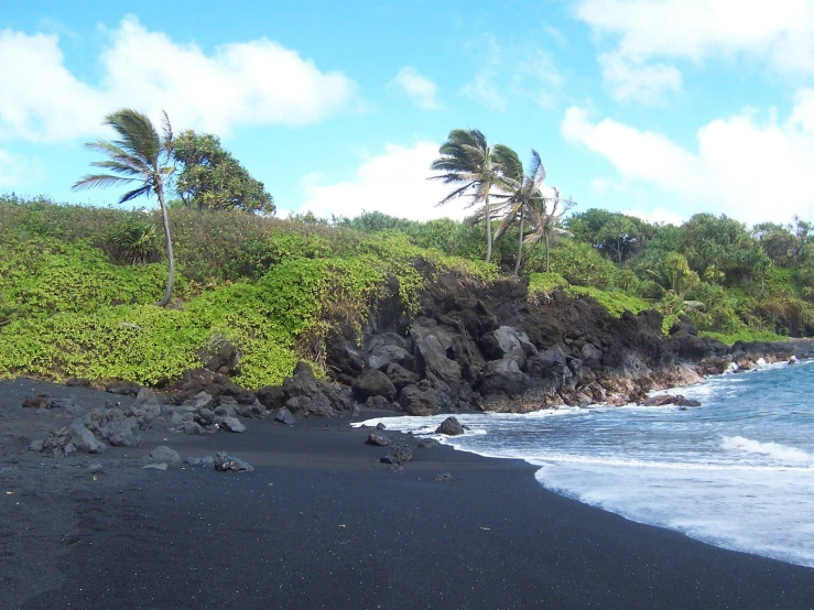 there is a black sand beach and blue water