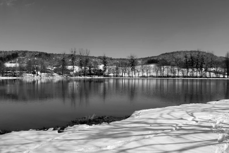 the lake looks empty as it is surrounded by trees