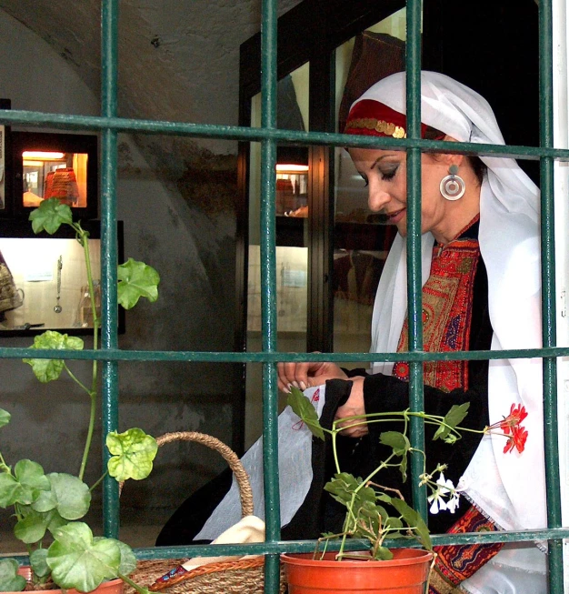 a woman in a white and red dress looking out from behind the bars of an open window