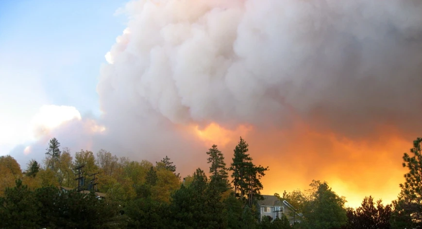 a big cloud of smoke sitting in the sky over trees