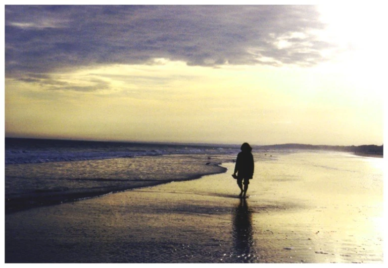 a person walks on a beach under an ominous sky