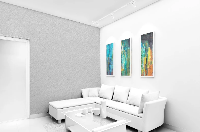 a modern white living room with art work on the walls
