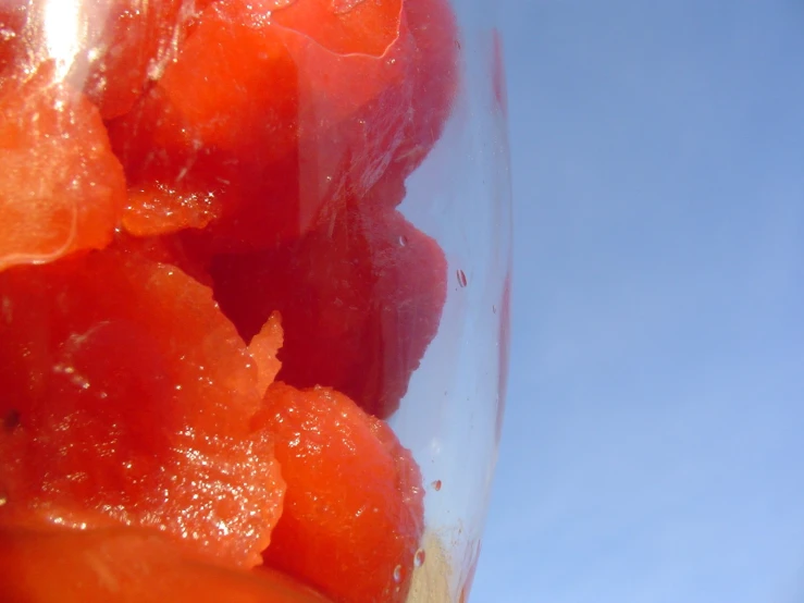 the food in the glass is cut up and ready to be eaten