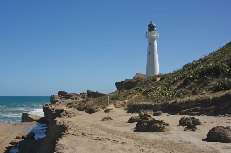 a white lighthouse on top of a cliff