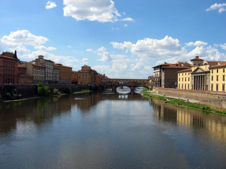 the view of a canal with old buildings on either side