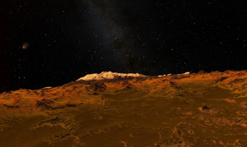 this computer artwork shows the earth's surface and mountains with snow capped peaks in foreground