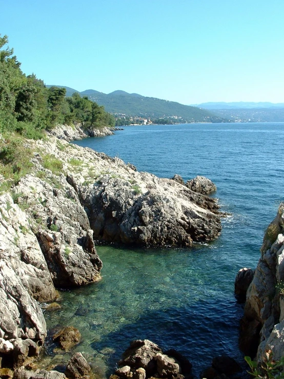 the view down to a rocky beach on a sunny day