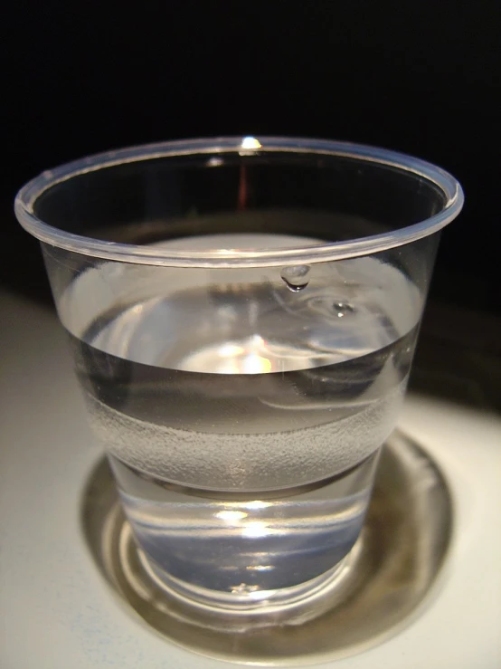 a glass filled with water sitting on a plate