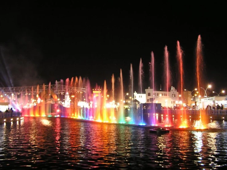 the colorful fountains in front of the water show