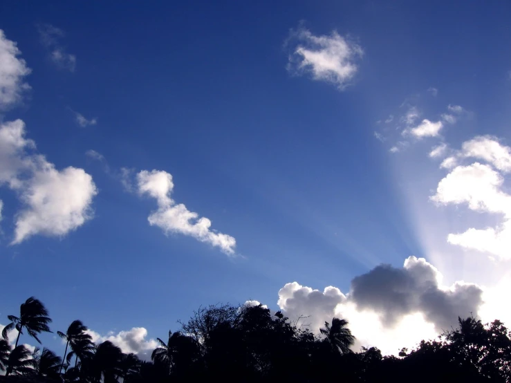 the sun shines through the clouds behind some trees