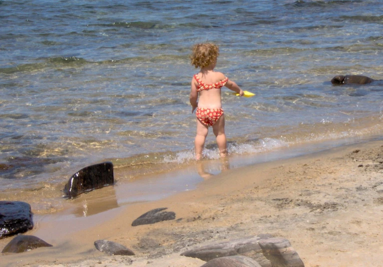 a little girl in a swimsuit playing in the water on a beach