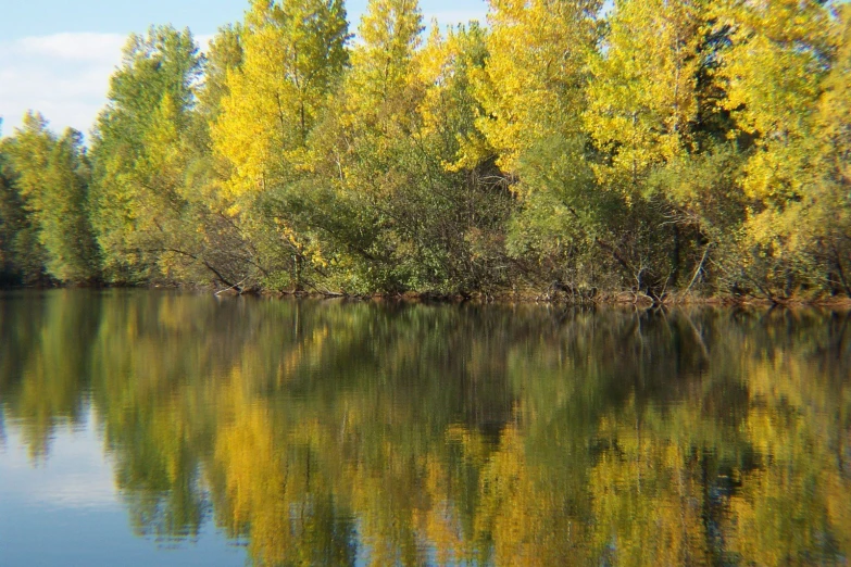 a lake surrounded by trees with no people