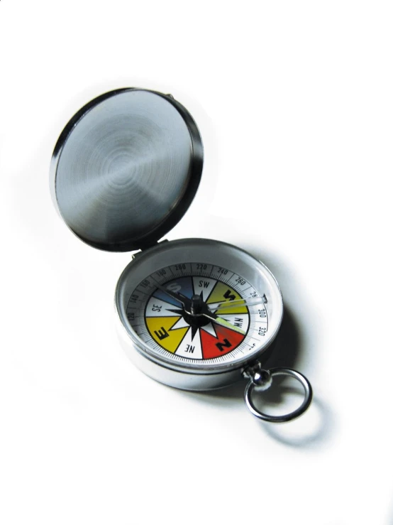 a compass with a metal cover on a white surface