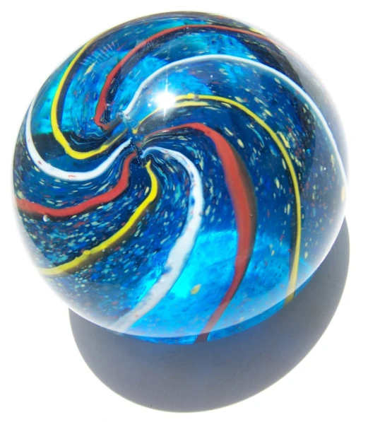 a blue swirl design ball with yellow, orange and red swirls