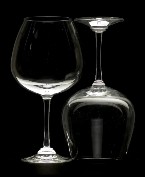 a wine glass with its stem in it next to a empty wine glass