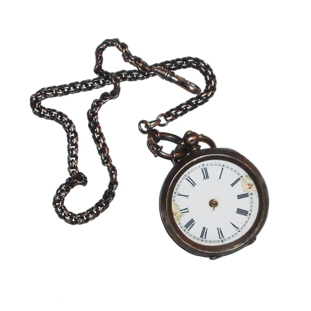 a small metal chain clock with roman numerals