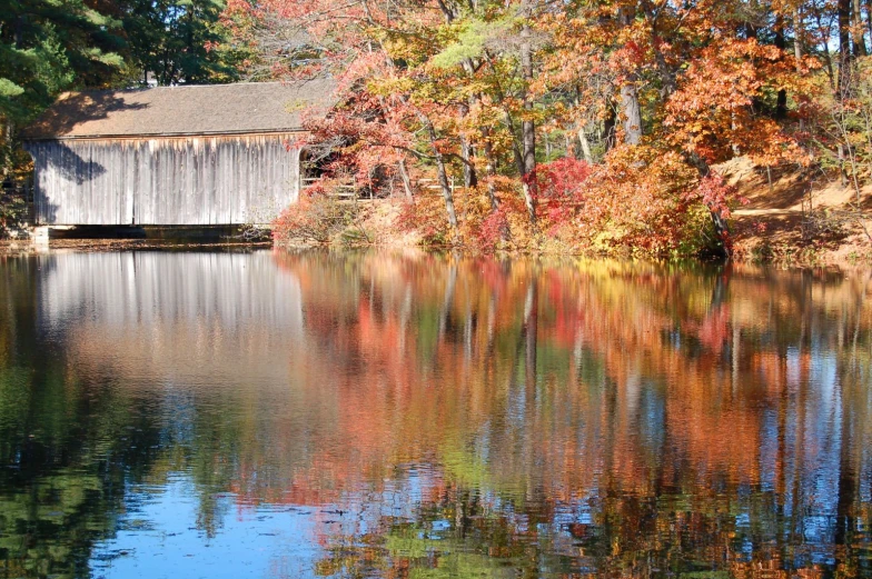 a small cabin sits in the middle of a lake surrounded by trees with fall colors