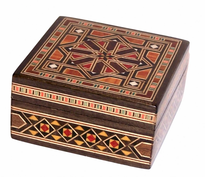 a brown wooden box with multi colored patterns