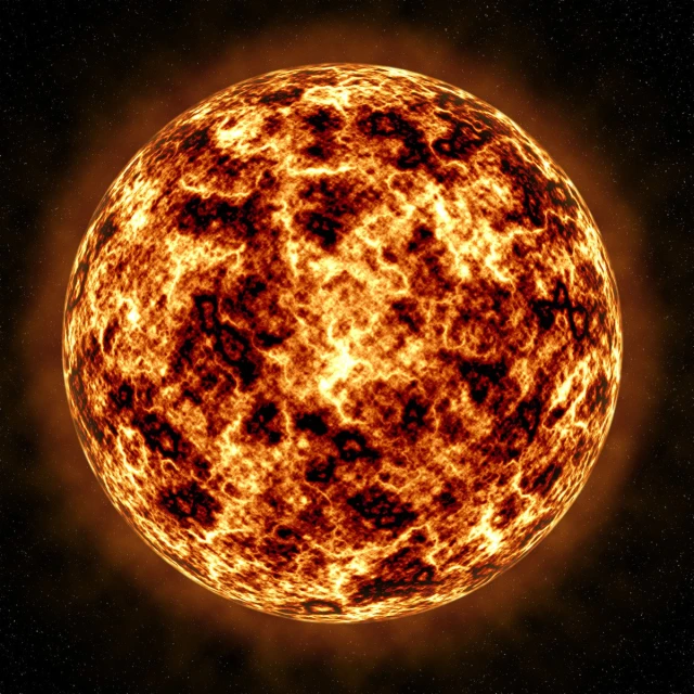 an orange and yellow sun in a star field