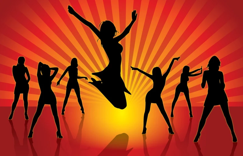 many female silhouettes performing a dance on an orange background